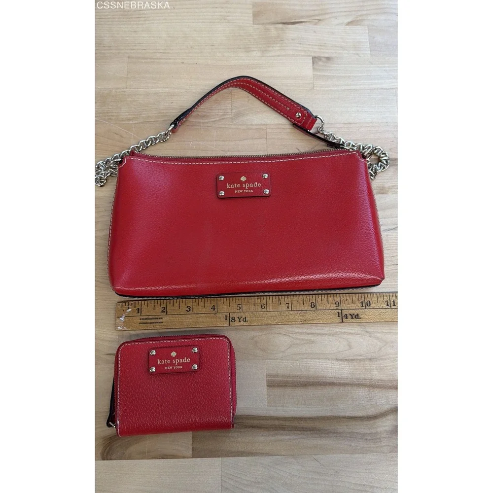 Kate Spade Red Wellesley Byrd Shoulder Bag Compact Wallet Set Pebbled Leather